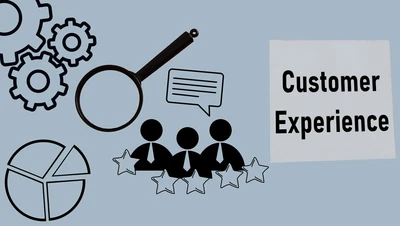 Image with cogwheels, pie chart, magnifying glass, people and a Customer Experience sign